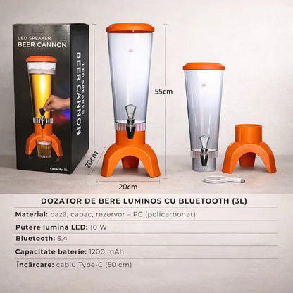 Dozator băuturi 3L, cu iluminare LED, boxă Bluetooth integrată și robinet pentru servire