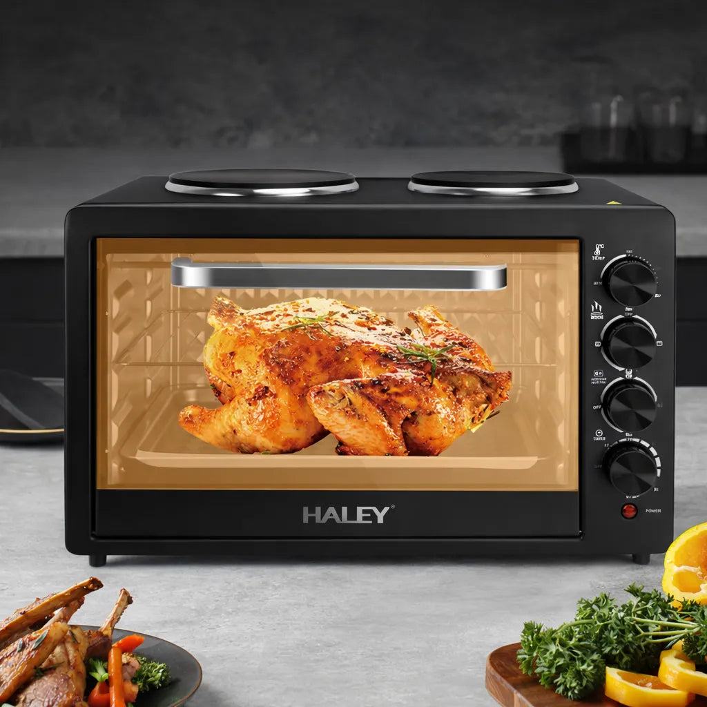 Cuptor electric HALEY 48L, 2000W, plită dublă 1000W + 600W, timer și ușă din sticlă