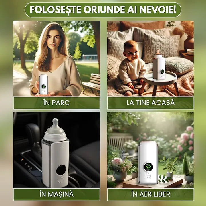 Încălzitor portabil biberoane, ecran digital, baterie 6000mAh, USB-C, temperatură reglabilă