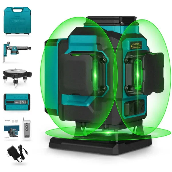 Kit nivelă laser 4D, linii verzi 4x360°, autonivelare, telecomandă, 2 baterii, trepied și servietă