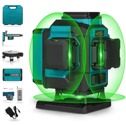 Kit nivelă laser 4D, linii verzi 4x360°, autonivelare, telecomandă, 2 baterii, trepied și servietă