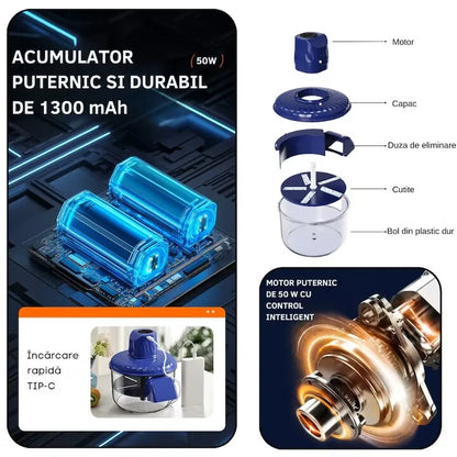 Aparat electric pentru curățat fructe și legume, fără fir, 50W, 5 lame inox, USB-C și baterie 1300mAh