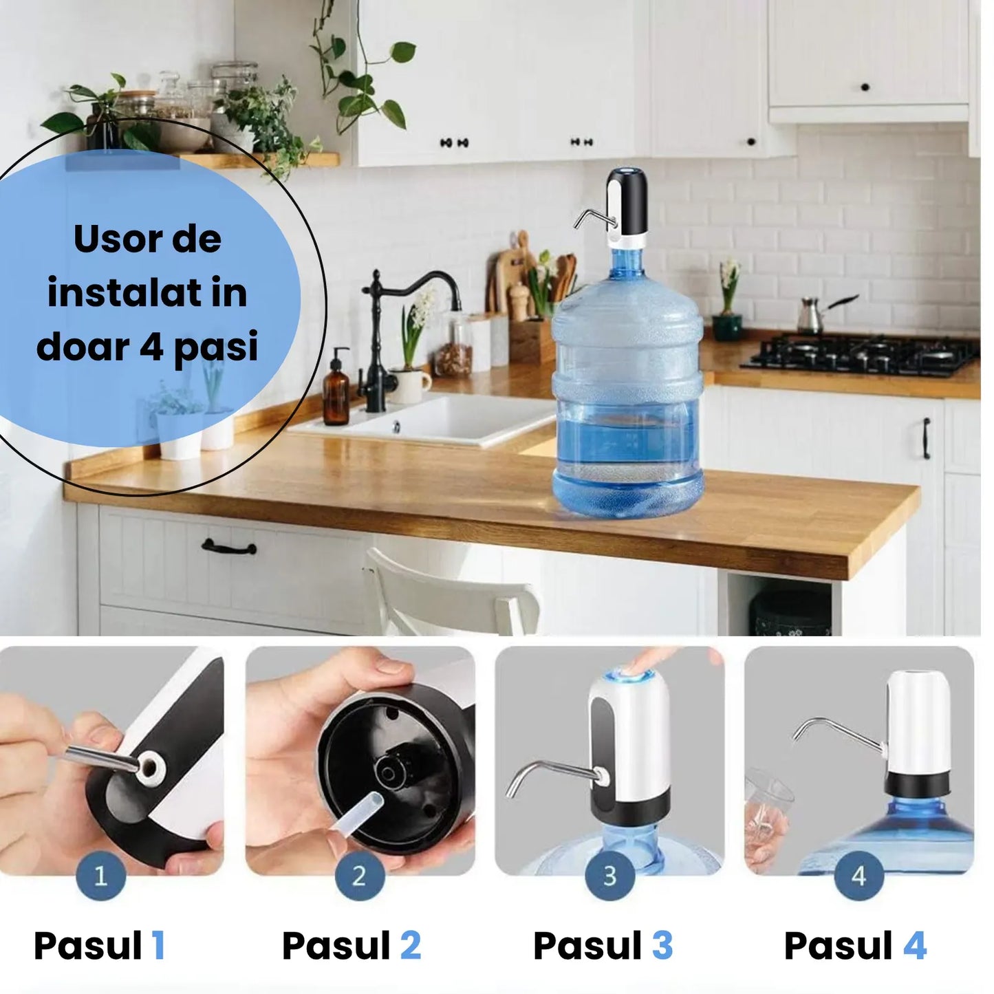 Pompă electrică pentru apă, dozator portabil pentru bidon 5–20L, USB, baterie 1200mAh, tub inox