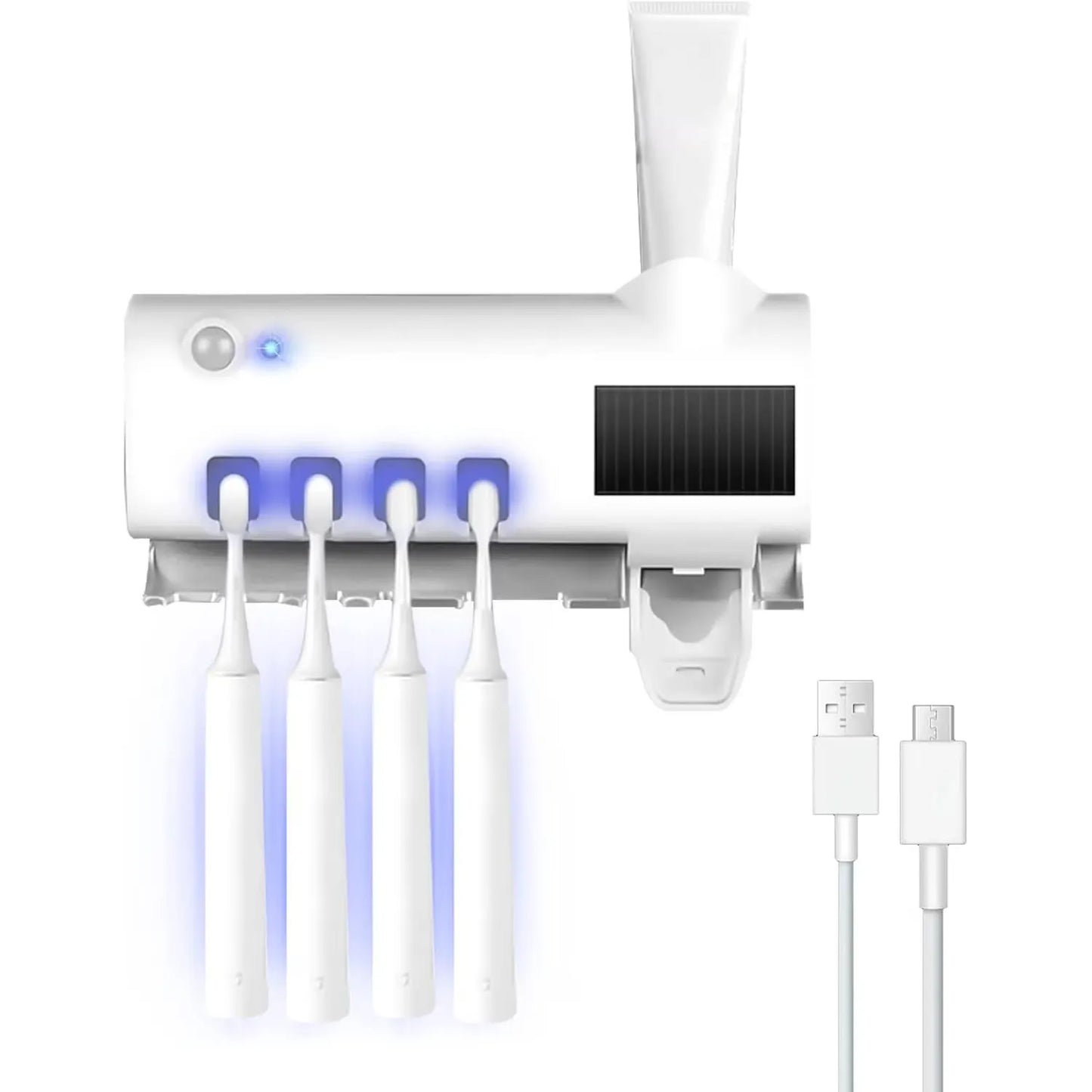 Suport periuțe de dinți cu UV, montare fără găurire, organizator 4 locuri, senzor smart, încărcare solară și USB