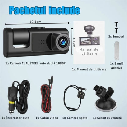 Cameră auto DVR triplă, Full HD 1080P, 3 camere față/spate/interior, unghi 170° și night vision