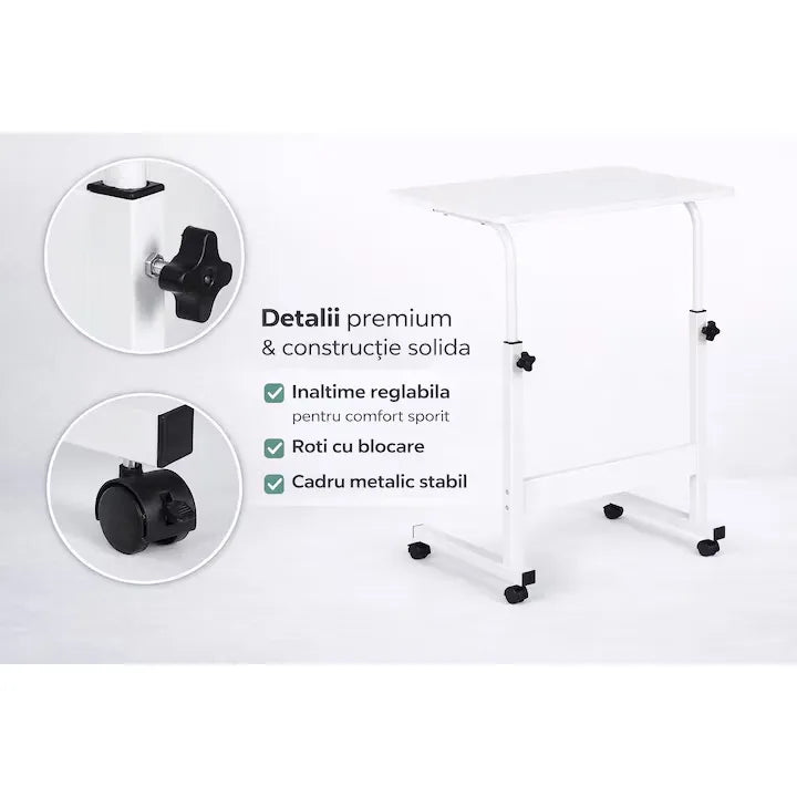 Masă laptop reglabilă pe înălțime, 70–90 cm, blat 40 x 60 cm, cu roți, structură din oțel și lemn