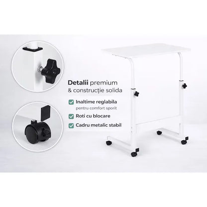 Masă laptop reglabilă pe înălțime, 70–90 cm, blat 40 x 60 cm, cu roți, structură din oțel și lemn