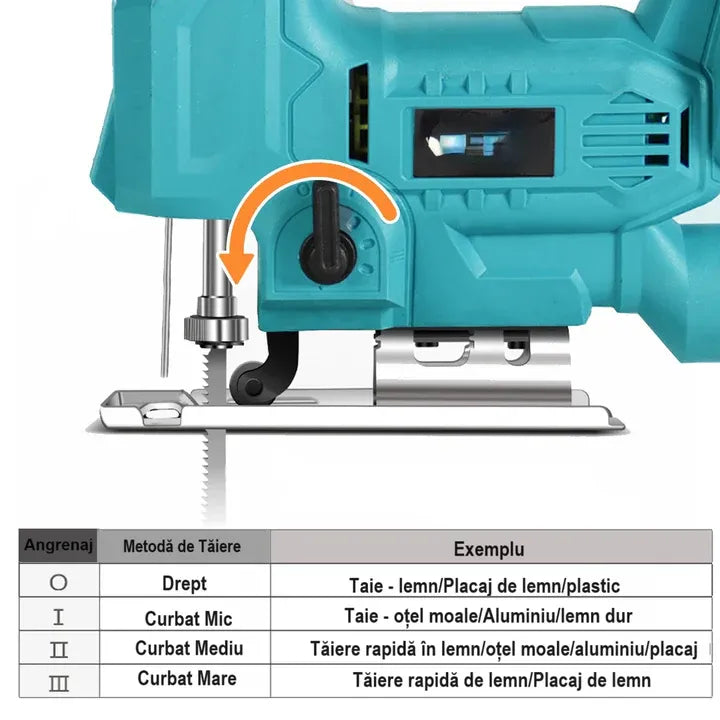 Fierăstrău pendular fără fir, 2 acumulatori 48V, variator turație 3200 rpm, 2 pânze incluse, valiză transport