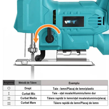Fierăstrău pendular fără fir, 2 acumulatori 48V, variator turație 3200 rpm, 2 pânze incluse, valiză transport