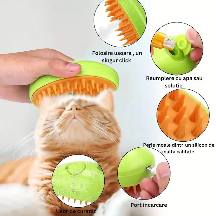 Perie 3 în 1 pentru animale de companie, cu aburi, pulverizator și dozator integrat, reîncărcare USB, pentru pisici și câini
