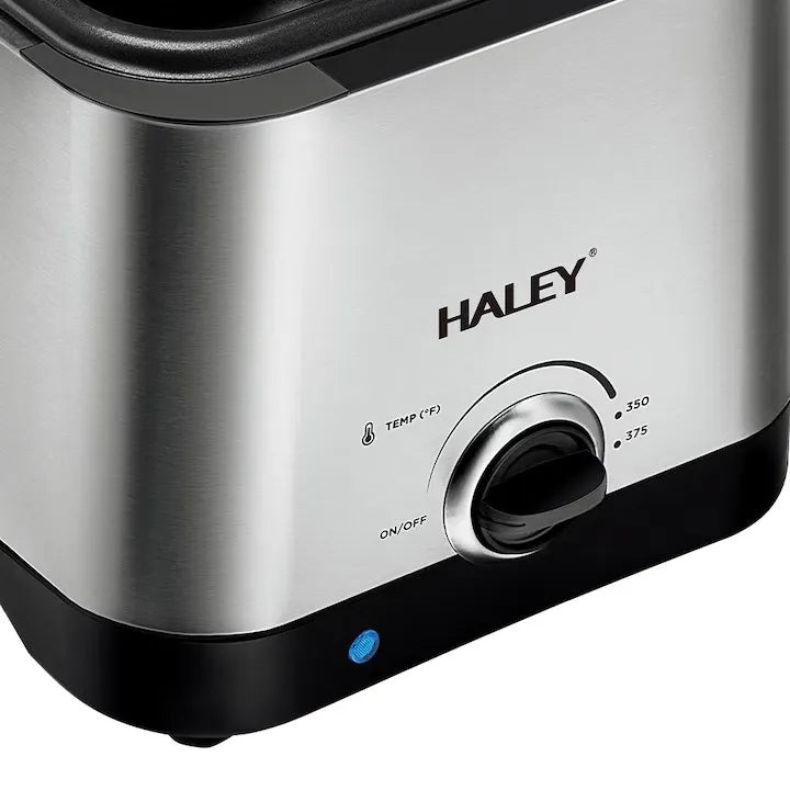 Friteuză electrică HALEY cu ulei, 2.5L, 1000W, termostat reglabil 0–190°C, capac cu geam, sită detașabilă, inox
