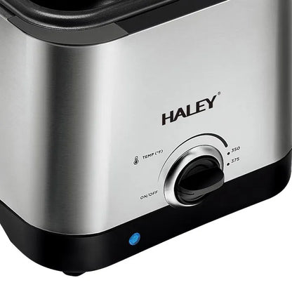Friteuză electrică HALEY cu ulei, 2.5L, 1000W, termostat reglabil 0–190°C, capac cu geam, sită detașabilă, inox