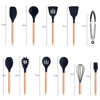 Set ustensile bucătărie 19 piese, silicon și inox, cu 5 cuțite, tocător, foarfecă și suport