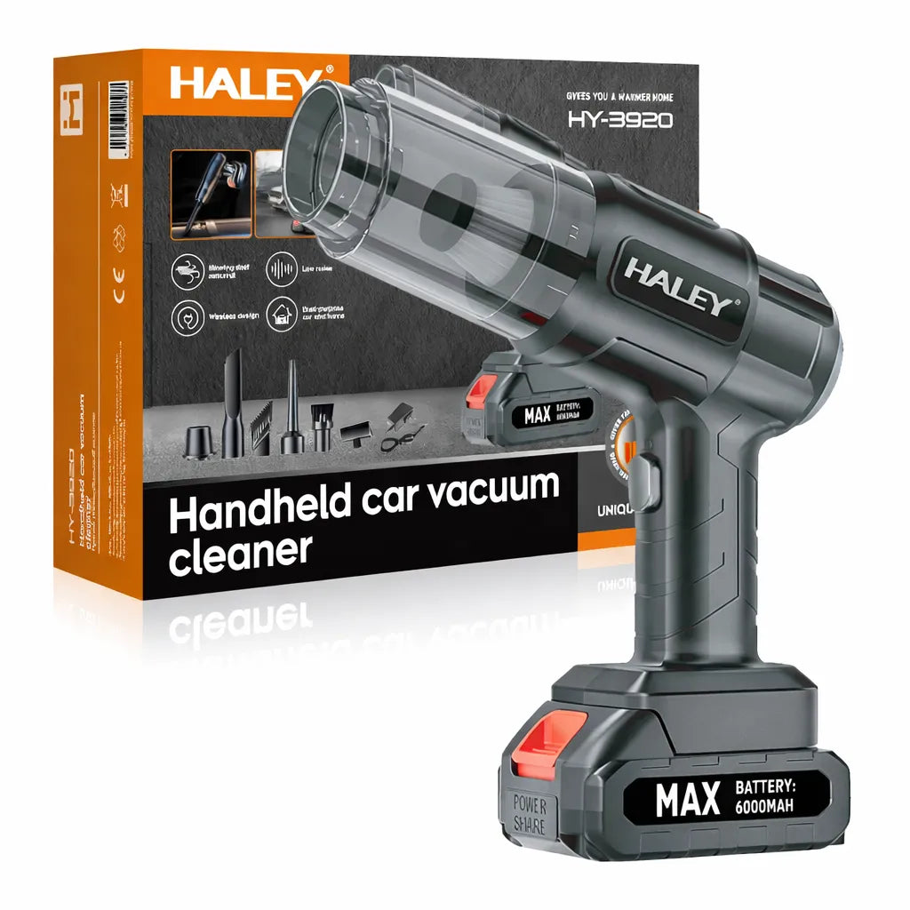 Aspirator auto portabil HALEY, fără fir, acumulator 6000mAh, design ergonomic și 6 capete incluse