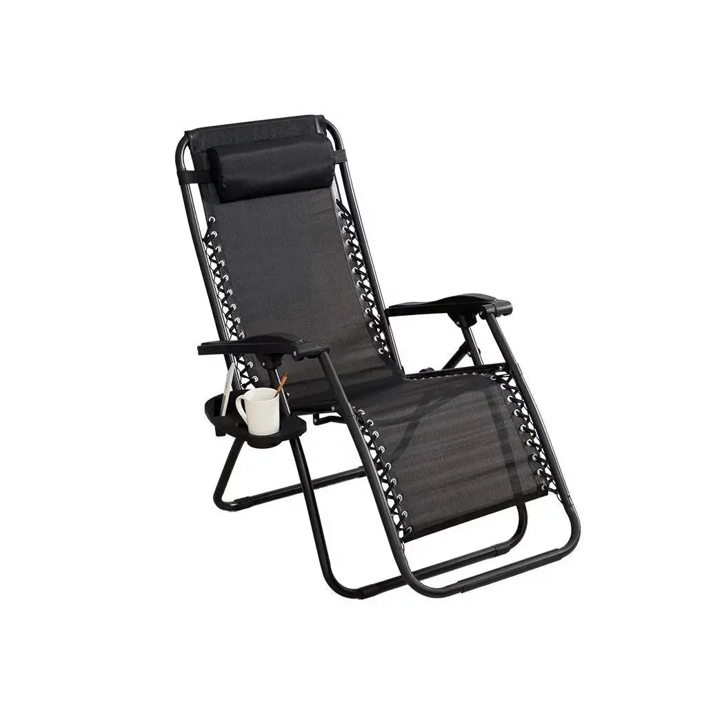 Șezlong pliabil pentru grădină, cadru metalic, tetieră, măsuță laterală, suport picioare, max. 120 kg
