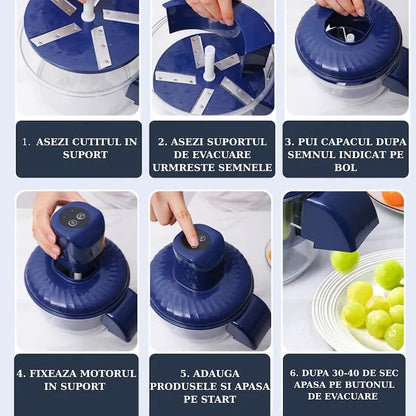Aparat electric pentru curățat fructe și legume, fără fir, 50W, 5 lame inox, USB-C și baterie 1300mAh