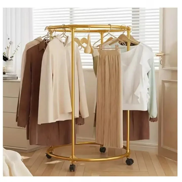 Suport rotund pentru haine, 130 cm, oțel inoxidabil, cu roți pivotante, capacitate 40 kg, auriu