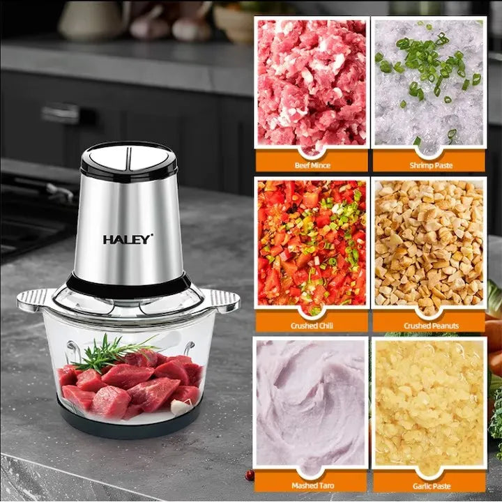 Tocător electric HALEY, bol din sticlă 2L, 500W, 4 lame din inox, pentru carne, legume, fructe și nuci