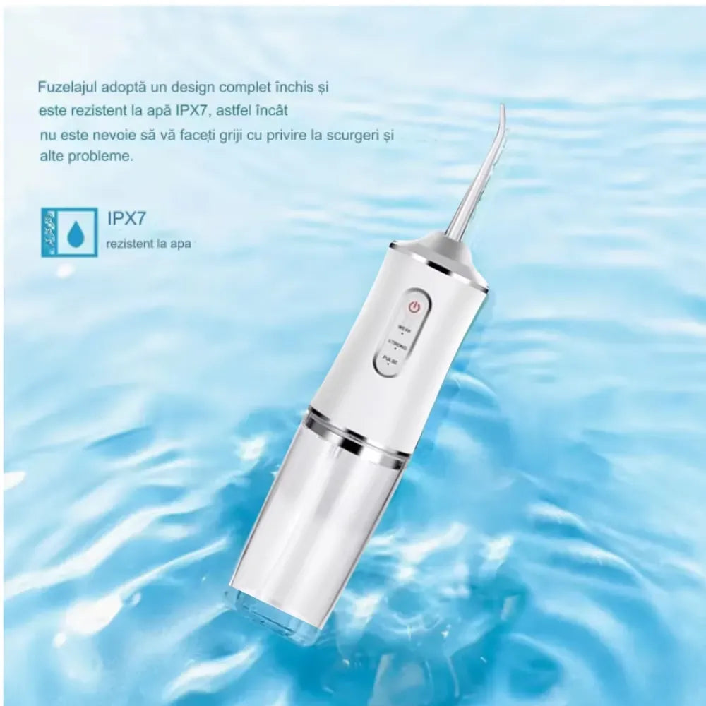 Irigator bucal portabil, 140 PSI, 4 programe, rezervor 220 ml, duze 360° și acumulator 1400mAh