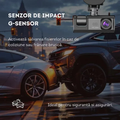 Cameră auto DVR triplă, Full HD 1080P, 3 camere față/spate/interior, unghi 170° și night vision