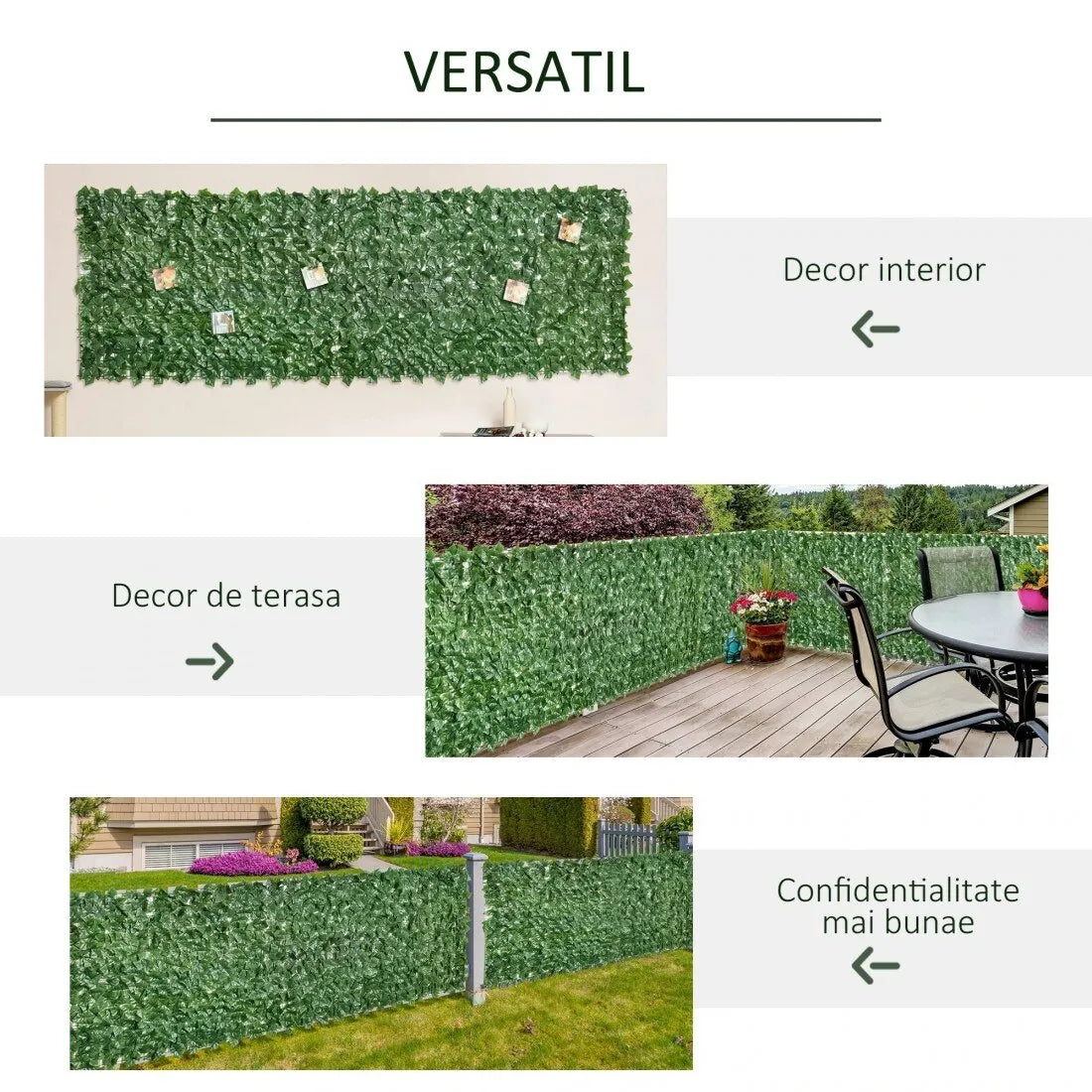 Gard viu artificial 3 x 1 m, panou cu frunze decorative, rezistent UV, pentru interior și exterior