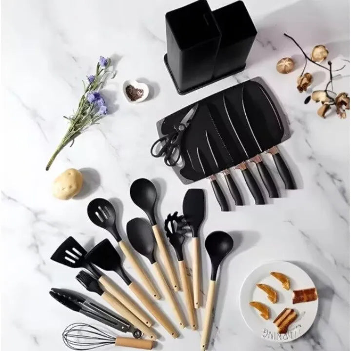 Set ustensile bucătărie 19 piese, silicon și inox, cu 5 cuțite, tocător, foarfecă și suport