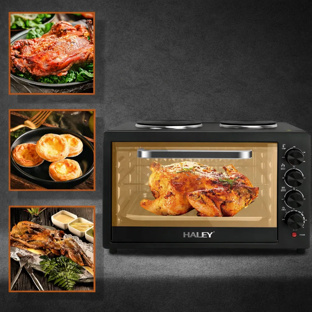 Cuptor electric HALEY 48L, 2000W, plită dublă 1000W + 600W, timer și ușă din sticlă