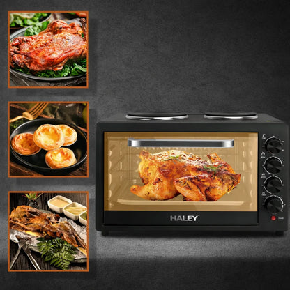 Cuptor electric HALEY 48L, 2000W, plită dublă 1000W + 600W, timer și ușă din sticlă