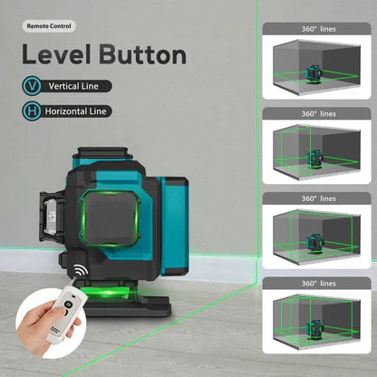 Kit nivelă laser 4D, linii verzi 4x360°, autonivelare, telecomandă, 2 baterii, trepied și servietă