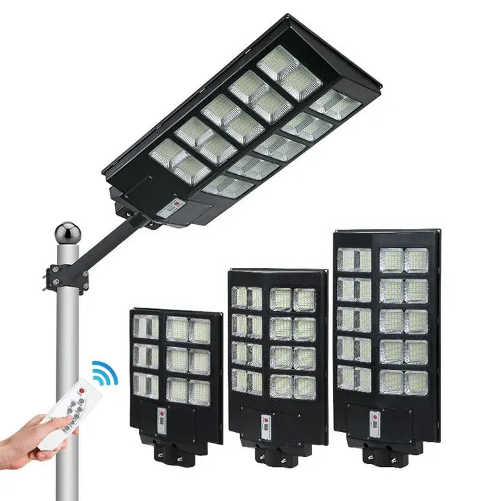 Lampă solară stradală 600W/800W/1000W, telecomandă, senzor mișcare, panou solar, suport metalic, IP65