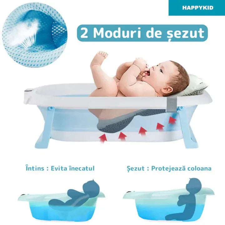 Cădiță pliabilă pentru bebeluși, cu pernuță suport, picioare antiderapante, dop scurgere,