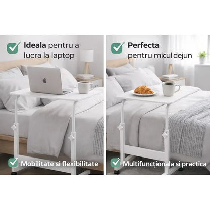 Masă laptop reglabilă pe înălțime, 70–90 cm, blat 40 x 60 cm, cu roți, structură din oțel și lemn