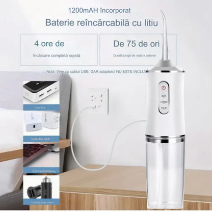 Irigator bucal portabil, 140 PSI, 4 programe, rezervor 220 ml, duze 360° și acumulator 1400mAh