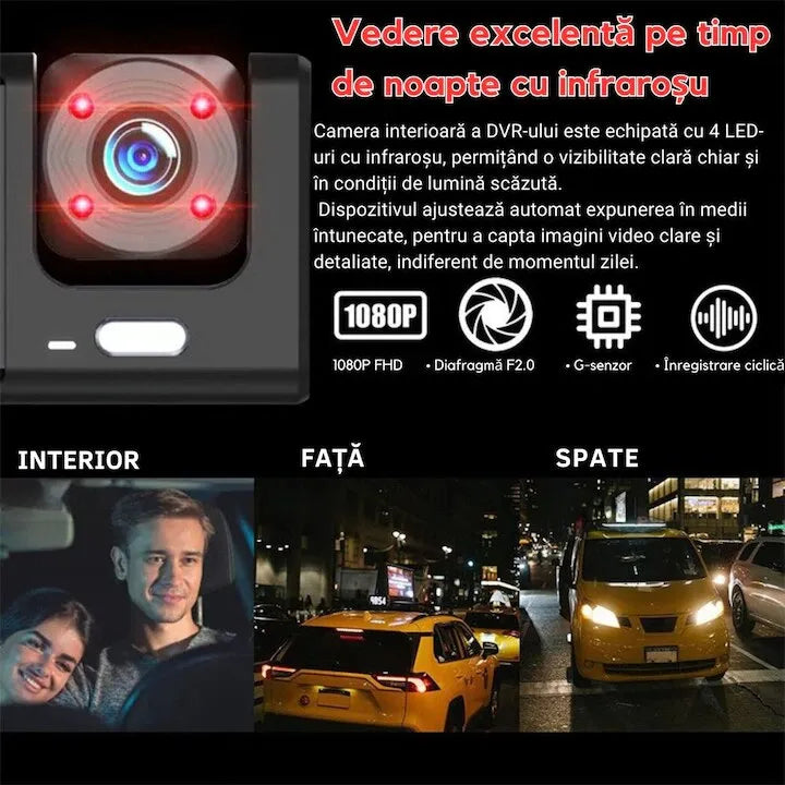 Cameră auto DVR triplă, Full HD 1080P, 3 camere față/spate/interior, unghi 170° și night vision