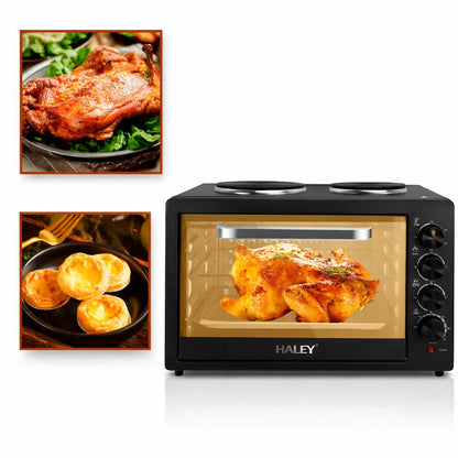 Cuptor electric HALEY 48L, 2000W, plită dublă 1000W + 600W, timer și ușă din sticlă