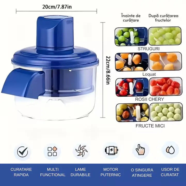 Aparat electric pentru curățat fructe și legume, fără fir, 50W, 5 lame inox, USB-C și baterie 1300mAh