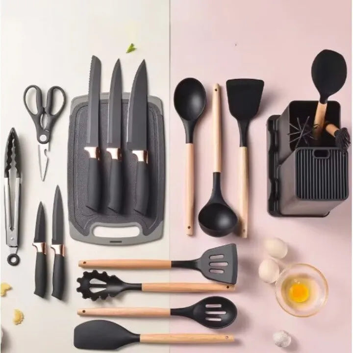 Set ustensile bucătărie 19 piese, silicon și inox, cu 5 cuțite, tocător, foarfecă și suport