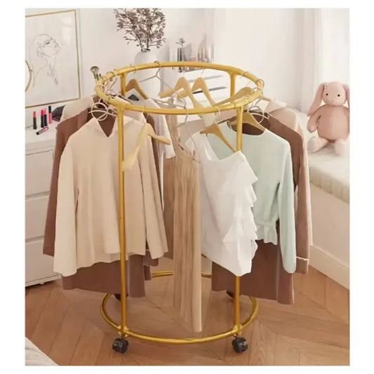 Suport rotund pentru haine, 130 cm, oțel inoxidabil, cu roți pivotante, capacitate 40 kg, auriu