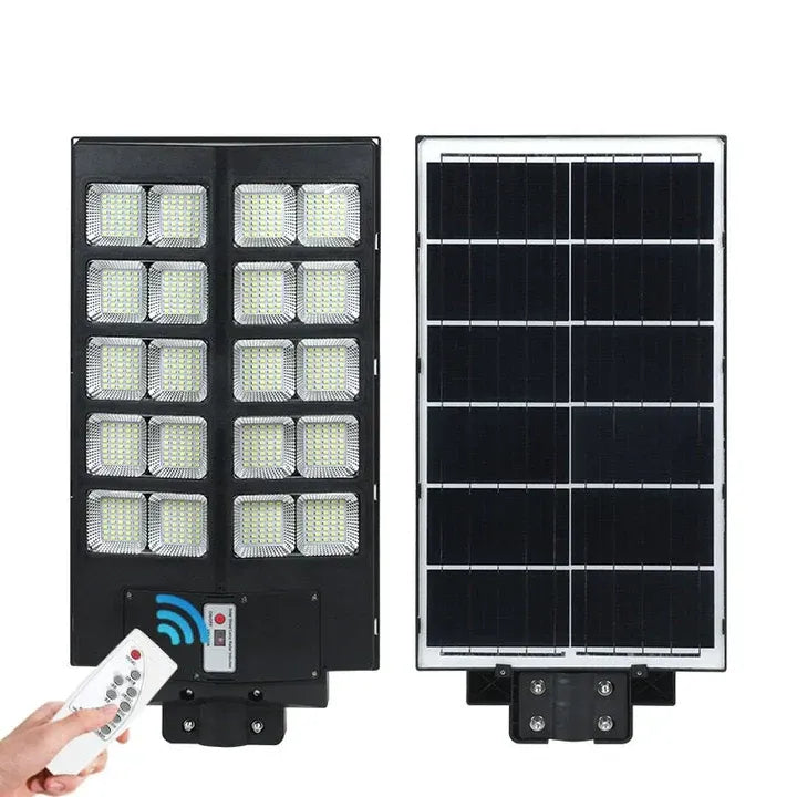 Lampă solară stradală 600W/800W/1000W, telecomandă, senzor mișcare, panou solar, suport metalic, IP65