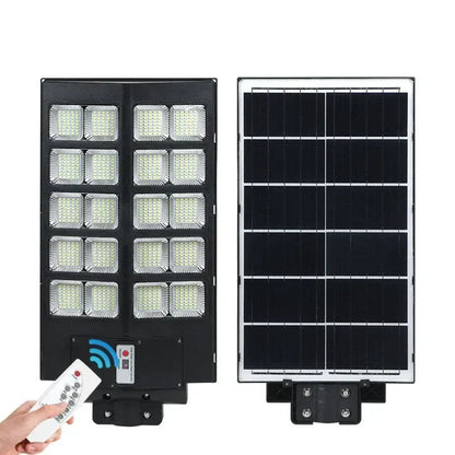 Lampă solară stradală 600W/800W/1000W, telecomandă, senzor mișcare, panou solar, suport metalic, IP65