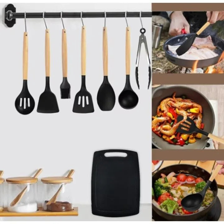 Set ustensile bucătărie 19 piese, silicon și inox, cu 5 cuțite, tocător, foarfecă și suport