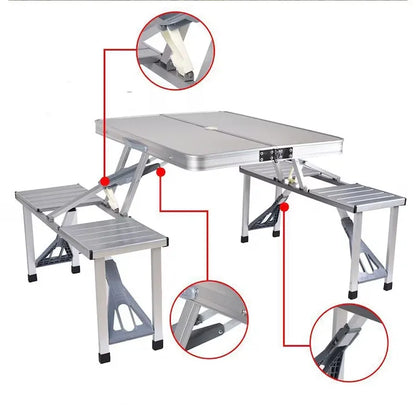 Set masă și 4 scaune pliabile pentru camping, picnic și grădină, aluminiu/PVC, tip geamantan, argintiu