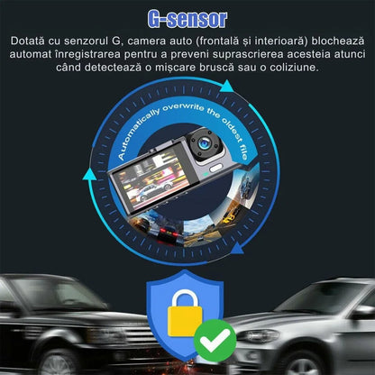 Cameră auto DVR triplă, Full HD 1080P, 3 camere față/spate/interior, unghi 170° și night vision
