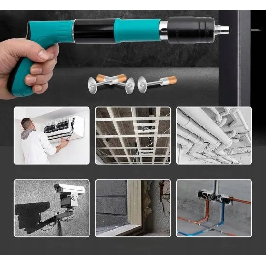 Kit pistol manual pentru fixare cuie, reglaj putere 5 trepte, pentru beton, lemn și metal, 50 cuie incluse