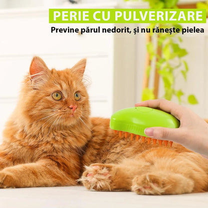 Perie 3 în 1 pentru animale de companie, cu aburi, pulverizator și dozator integrat, reîncărcare USB, pentru pisici și câini