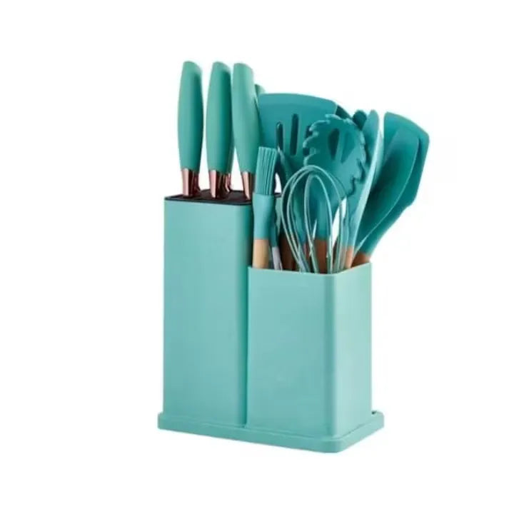 Set ustensile bucătărie 19 piese, silicon și inox, cu 5 cuțite, tocător, foarfecă și suport