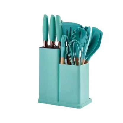 Set ustensile bucătărie 19 piese, silicon și inox, cu 5 cuțite, tocător, foarfecă și suport