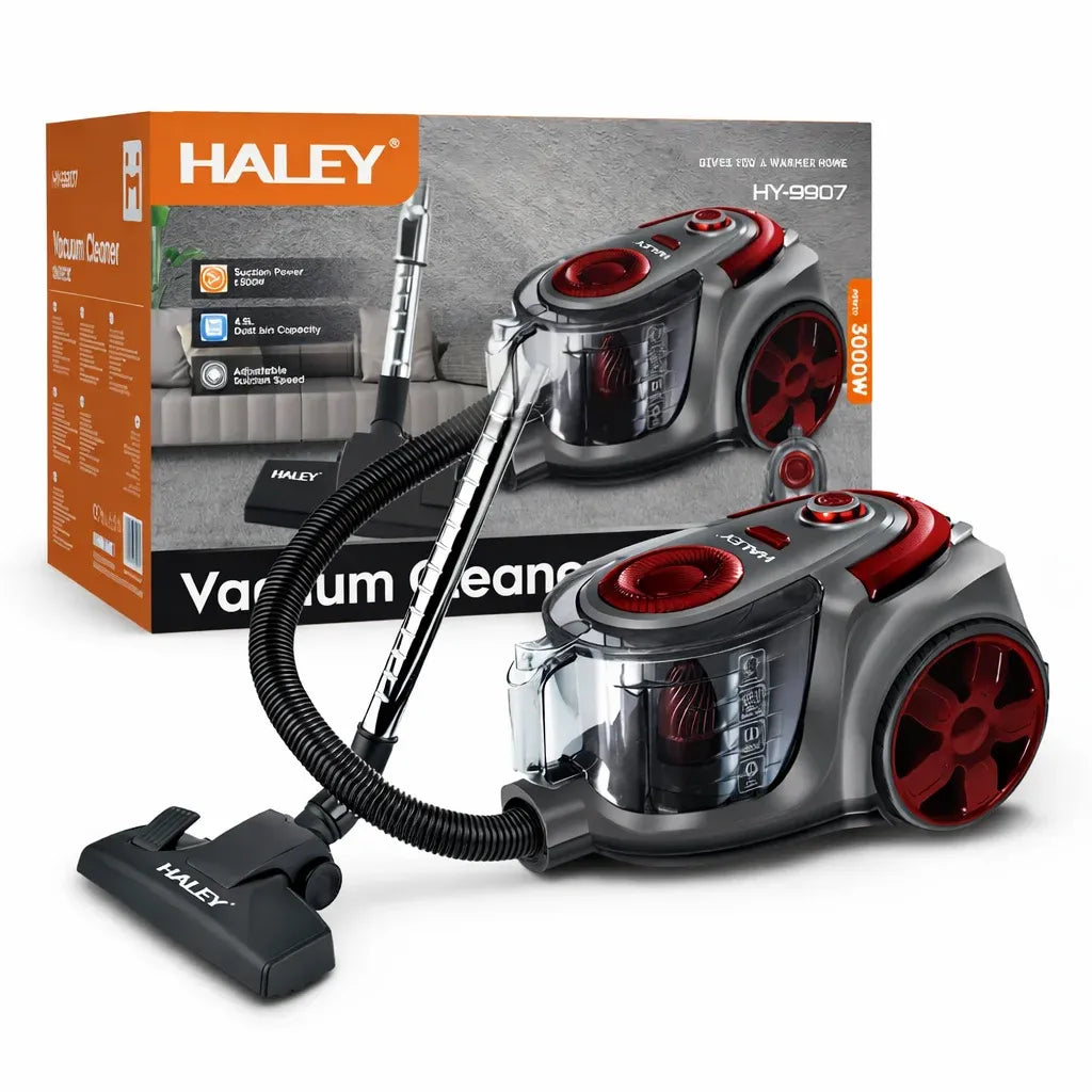 Aspirator fără sac HALEY, 3000W, recipient 4.5L, putere ciclonică, 200AW, filtrare multistrat, accesorii incluse, roșu/gri
