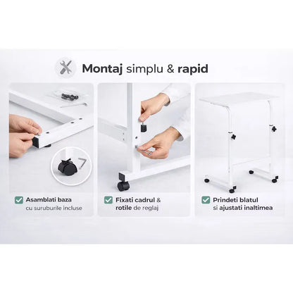 Masă laptop reglabilă pe înălțime, 70–90 cm, blat 40 x 60 cm, cu roți, structură din oțel și lemn