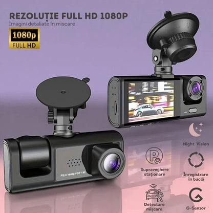 Cameră auto DVR triplă, Full HD 1080P, 3 camere față/spate/interior, unghi 170° și night vision